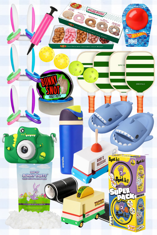 A collection of creative Easter basket ideas for boys, featuring fun and practical gifts like a Bunny Ears Ring Toss Game, Pickleball Paddles Set, Wooden Plumbing Truck, and Dinosaur Camera. These easy Easter basket ideas for boys offer a mix of outdoor play and imaginative fun, making it a great guide for filling a unique Easter basket. Ideal for family Easter basket ideas and DIY Easter baskets for kids.