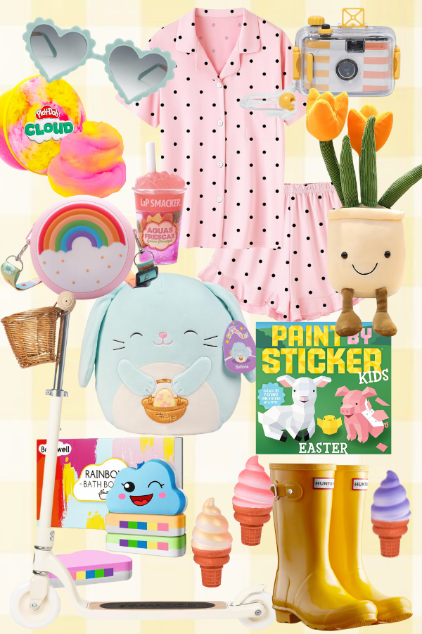 A delightful display of cute Easter basket ideas for girls, including a Scooter, Tulip Plant Stuffed Animal, Bunny Squishmallow, and Heart Sunglasses. These Easter gifts for kids offer a perfect combination of creativity, outdoor fun, and sweetness. Whether you're searching for easy Easter basket ideas or unique Easter basket ideas.