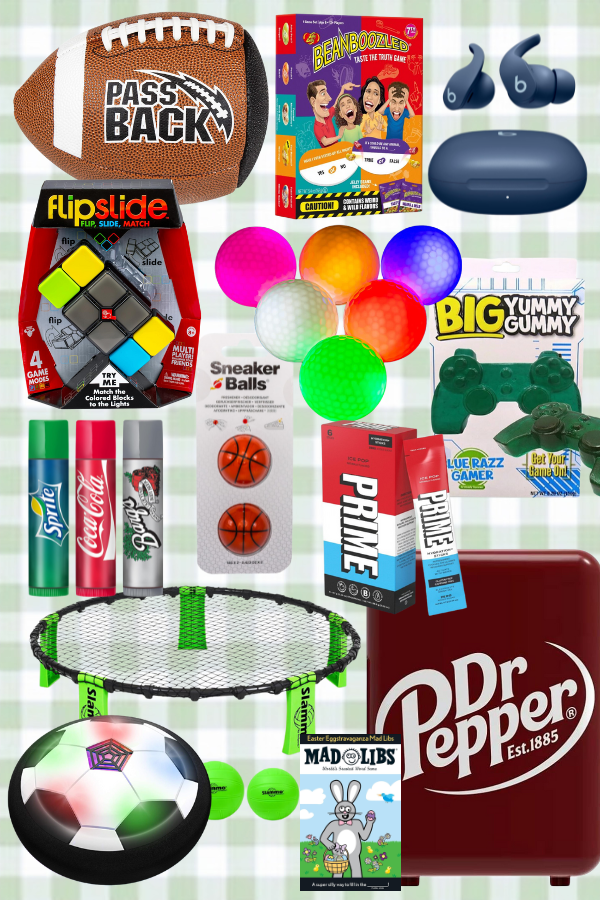 A creative Easter basket idea for teen boys featuring fun and sporty Easter gifts for teenagers. This teenage Easter basket includes a Pass Back football, Bean Boozled game, wireless earbuds, a FlipSlide puzzle, LED glow balls, sneaker deodorizer balls, sports drinks, a mini fridge, and other exciting items. Perfect for Easter baskets for teen boys, preteen Easter basket ideas, and sports Easter basket ideas. These Easter gift ideas for teens are great for active boys who love games, sports, and cool gadgets. Ideal for a preteen Easter basket for boys or a teen Easter ideas roundup.