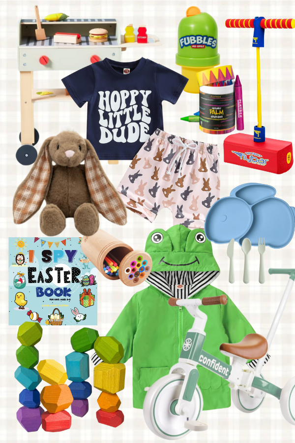 A fun and festive toddler boy Easter basket featuring a grilling playset, a plush bunny, a frog raincoat, and a pogo jumper. This Easter basket idea for boys includes interactive and practical gifts for a memorable Easter morning.