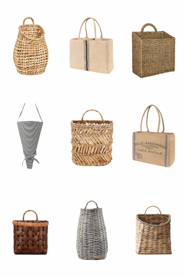 Roundup of baskets and market totes to use for a fall front door arrangement filled with gorgeous dried hydrangeas.