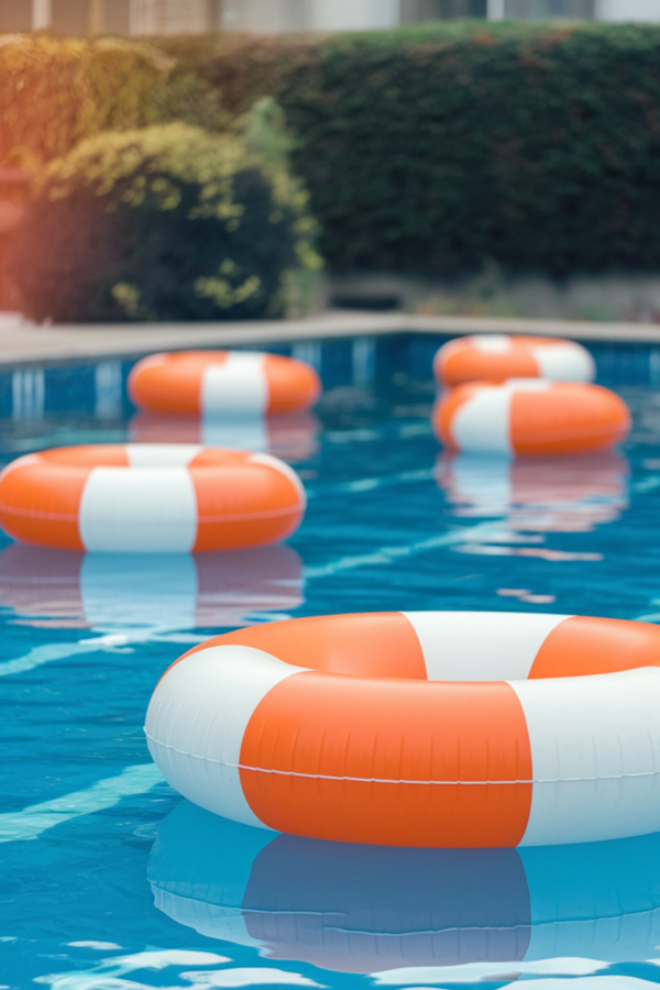 Bright orange and white pool floats in a sparkling blue pool, perfectly setting the scene for an Aperol Spritz pool party, the ultimate summer cocktail party.