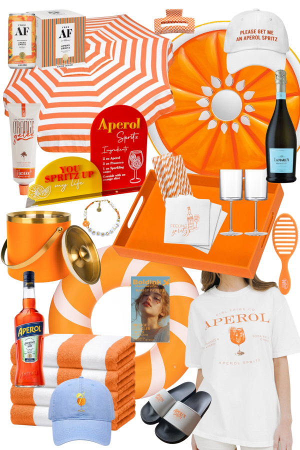 A carefully curated collection of Aperol Spritz pool party essentials, including orange pool party must-haves and bright citrus decor including orange striped umbrellas, towels, hats, slides, and pool floats. 