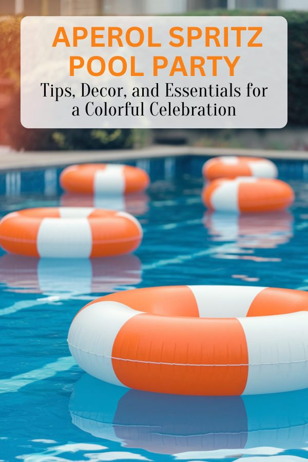 Orange and white circular pool floats reflecting in a clear blue pool, evoking a bright and refreshing essence of an Aperol Spritz summer pool party celebration.