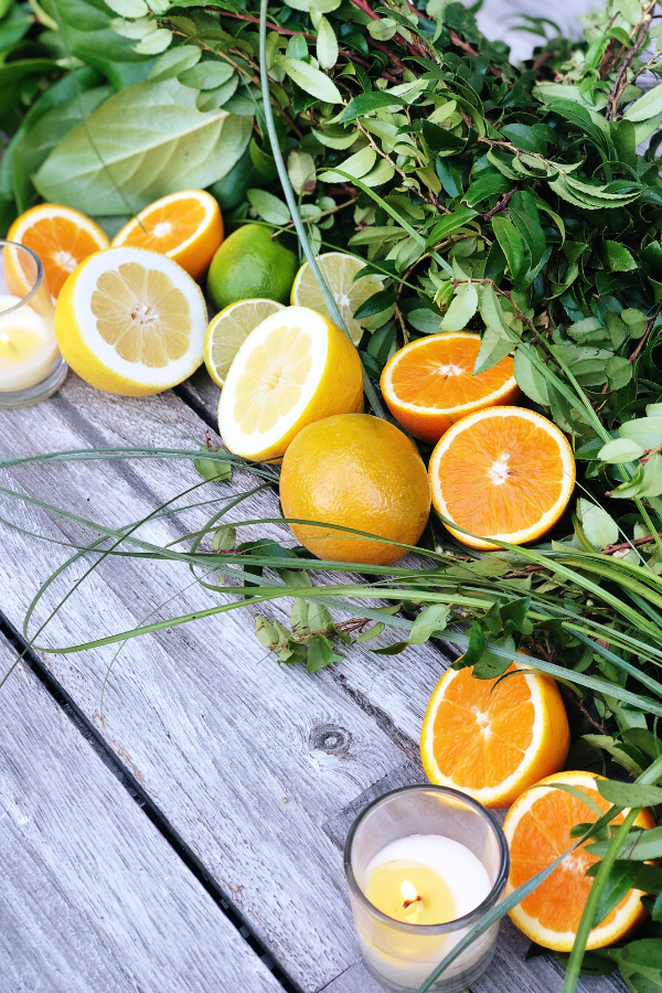 An outdoor citrus tablescape featuring a vibrant citrus centerpiece with halved oranges, lemons, limes, and fresh greenery arranged along the table. 