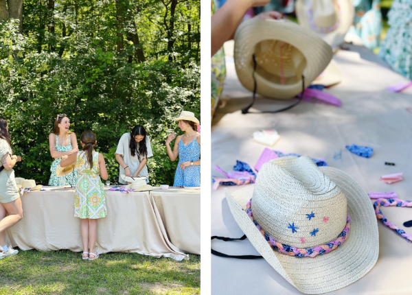 A group of women and a young girl gather around an outdoor crafting table, decorating straw cowboy hats at a cowgirl-themed party. The women are dressed in light, breezy outfits, embracing the coastal cowgirl aesthetic. This setup is ideal for cowgirl bachelorette parties or a cowgirl birthday.