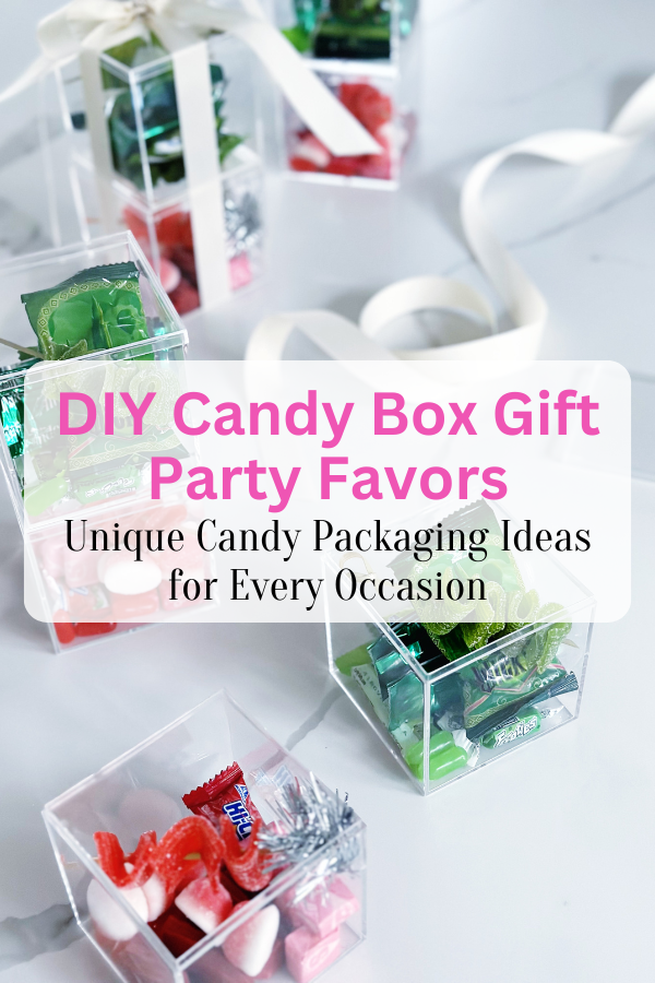 Styled image of surprise candy box ideas with text overlay: DIY candy box gift party favors and unique candy packaging ideas for every occasion.