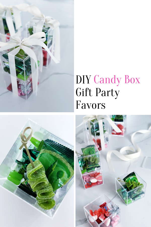 Three styled images of DIY candy boxes designed to pin to your Pinterest board for future party favor or gift ideas.