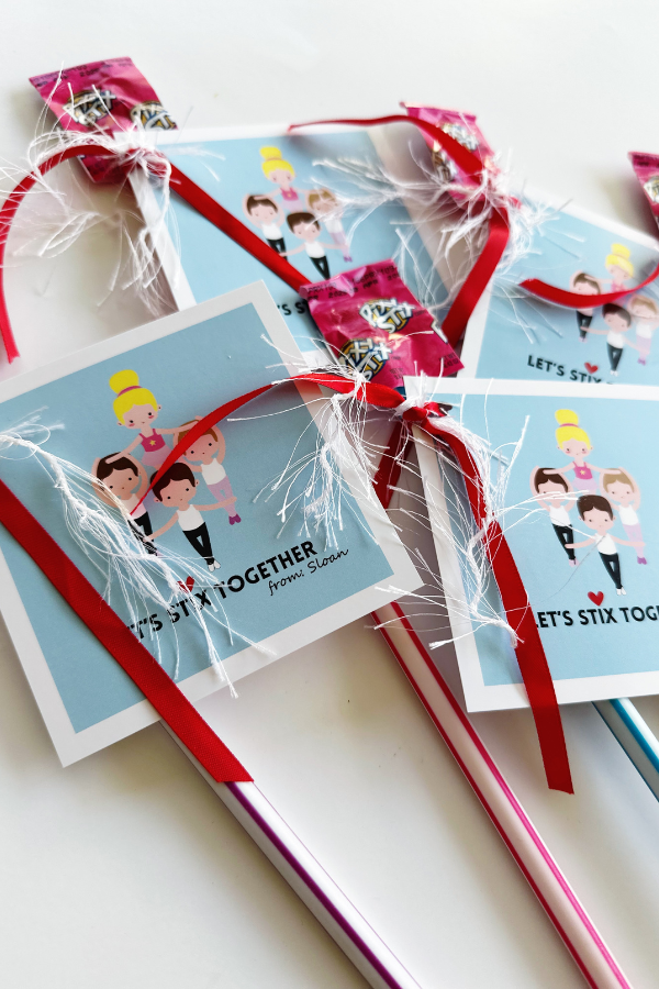 An extra sweet dance class valentine idea with free "Let's Stix Together" printable and with how to assemble it all together.