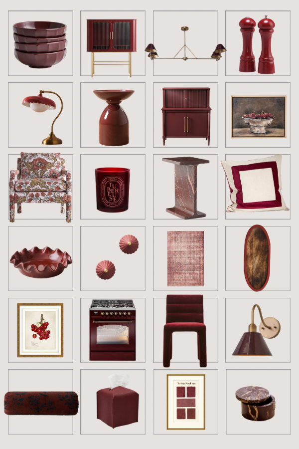 A curated collection of home finds in the latest design trend, cherry-coded. It includes deep red accessories, burgundy and wine colored textiles, artwork with pops of red, maroon kitchen accents, dark red furniture, and cherry-coded lighting.