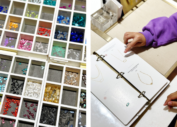 The photo is split into two. On the left side is a photo of several bright colored gem stones neatly organized in a creative jewelry display. On the right is a jewelry vendor display book showcasing necklaces as a pre teen girl flips through the pages.