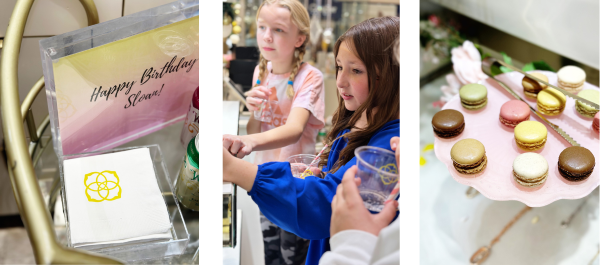 The photo is split into three. On the far left is a tray of napkins with the Kendra Scott logo and a sign that reads "Happy Birthday Sloan". In the middle are kids at a girl birthday party enjoying refreshments. On the far right is a pink cake plate displaying a tray of colorful macaroons.