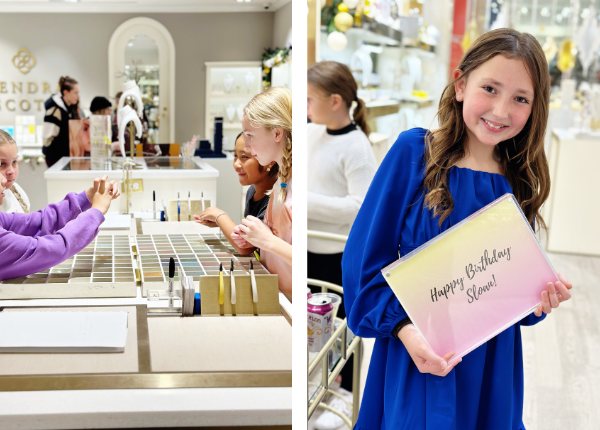 Photo is split into two. One the left side is a photo of four eleven year old girls in a Kendra Scott jewelry store surrounding a custom jewelry bar display. On the right is a photo of a girl in a bright blue dress holding a sign that reads "Happy Birthday Sloan".