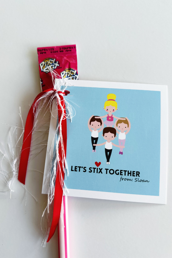 An extra sweet dance class valentine idea with free "Let's Stix Together" printable and a list of all the supplies you'll need.