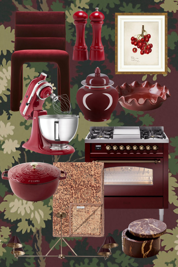 A collage showcasing elegant cherry-coded kitchen accents, including a burgundy range stove, a matching stand mixer, and salt and pepper mills. Decorative items like a deep red ceramic ginger jar, a scalloped serving dish, and a Staub Dutch oven add warmth and functionality. A botanical cherry art print, a maroon throw blanket, and brass light fixtures complete the look, tying into the red color theory that color-coded dark red tones create inviting and stylish spaces.