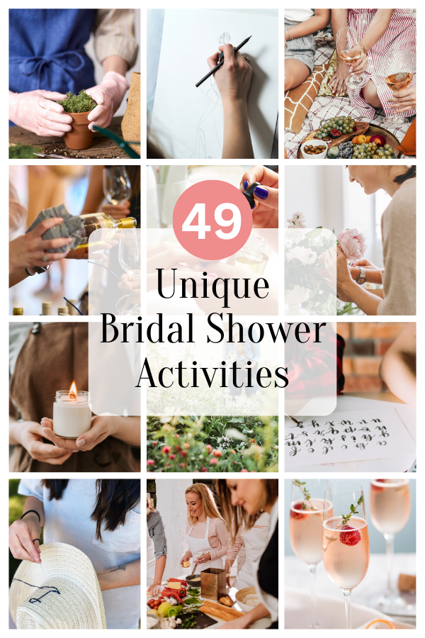 A collage of twelve pictures, each featuring unique bridal shower ideas. The text overlay reads "49 Unique Bridal Shower Activities".