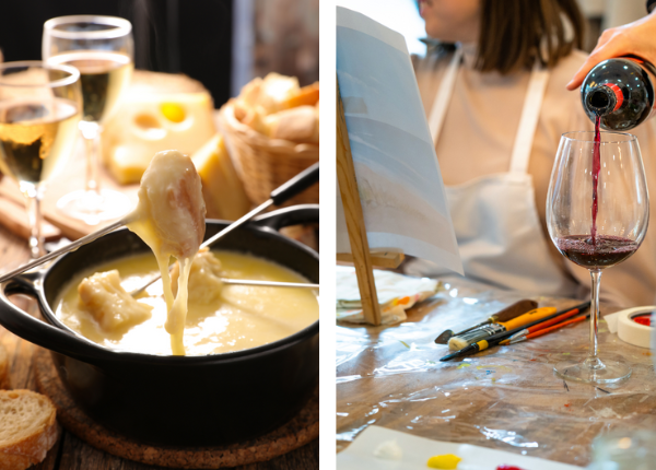 The picture is separated into two. On the left is a picture of a cheese fondue pot with wedding shower guests dipping their bread into the cheese. On the right is a women in an apron sitting at a table doing two bridal shower activities - painting a picture and tasting red wine.