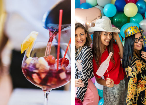 The picture is separated into two. On the left is a picture of a make your own sangria station for an example of a fun wedding shower idea. On the right are three wedding shower guests enjoying a bridal shower set up of a balloon backdrop. The guests are smiling holding photo props in front of the balloon backdrop.