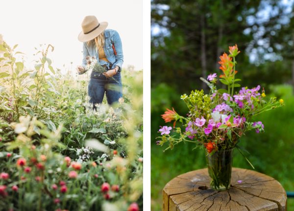 On the left is a women in a straw hat picking wild flowers at a flower farm and on the left is aa beautiful bouquet created from those wild flowers making the perfect bridal shower party favors for guests to bring home after the celebration.