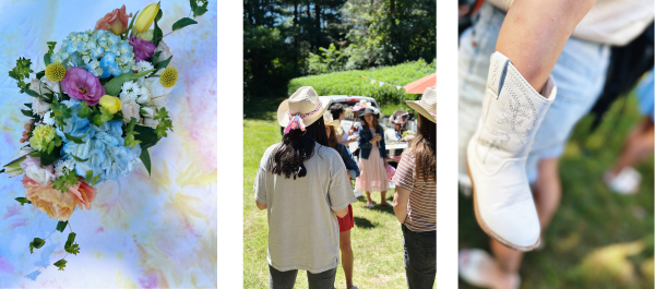 The picture is broken up into 3 images. The one on the left is of a bright floral arrangement at cowgirl bridal shower. The middle image is of guests wearing cowgirl hats in a beautiful backyard setting. And the third image is close up of a little girl wearing white cowboy boots. 