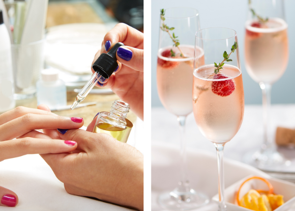 The picture is separated into two. Both pictures share brunch bridal shower ideas. On the left is a picture of a women with new blue nail polish who is painting another wedding shower guest's nails a bright pink. On the right is a picture of three champagne flutes with mimosas garnished with raspberries and a sprig of thyme.