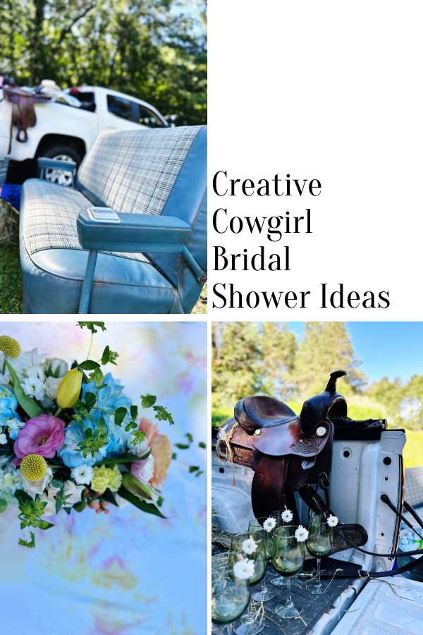 A vintage truck bench, colorful flower arrangement, and a close-up of a leather saddle on a white truck bed, all showcasing rustic and western cowgirl bridal shower ideas