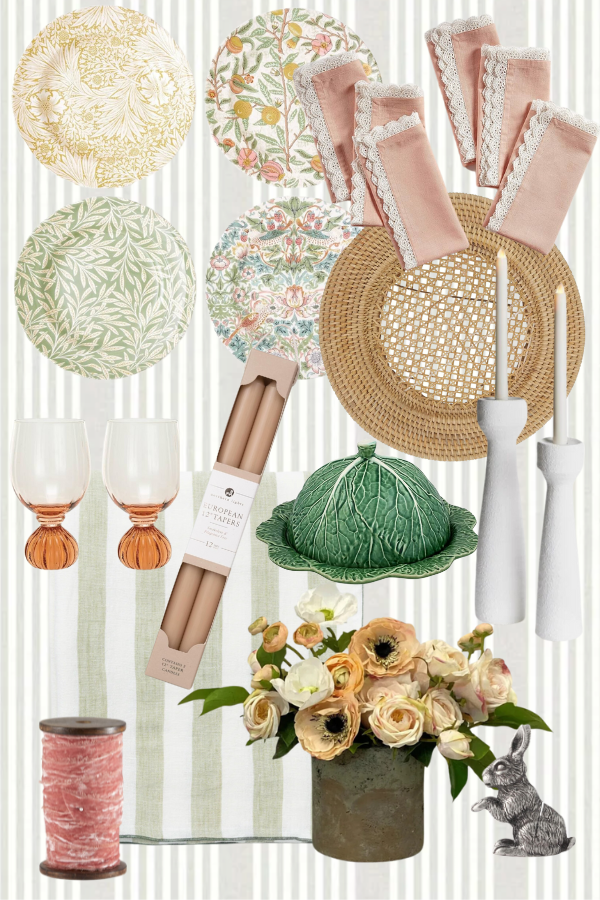 A spring-inspired Easter tablescape collage featuring a mix of natural textures and soft pastels, perfect for a modern farmhouse Easter table or neutral spring dining setup. Elements include floral-patterned plates in shades of green, yellow, and pink, pink cloth napkins with lace trim, woven rattan placemats, white candlesticks, a green cabbage-shaped cheese plate, blush-hued stemmed wine glasses, a striped sage tablecloth, a bundle of peach and white ranunculus flowers in an aged stone vase, vintage-style taper candles, and a spool of velvet ribbon. The soft gray and white striped background enhances the elegant yet organic feel, making it an ideal choice for chic spring entertaining.