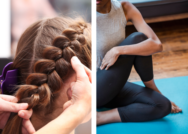 The photo is split into two. On the left is a hair stylist giving a wedding shower guest a French braid. And on the right is a women in black leggings and a gray tank top performing yoga. These are both examples of wedding shower activities hosts can arrange for their wedding shower guests.