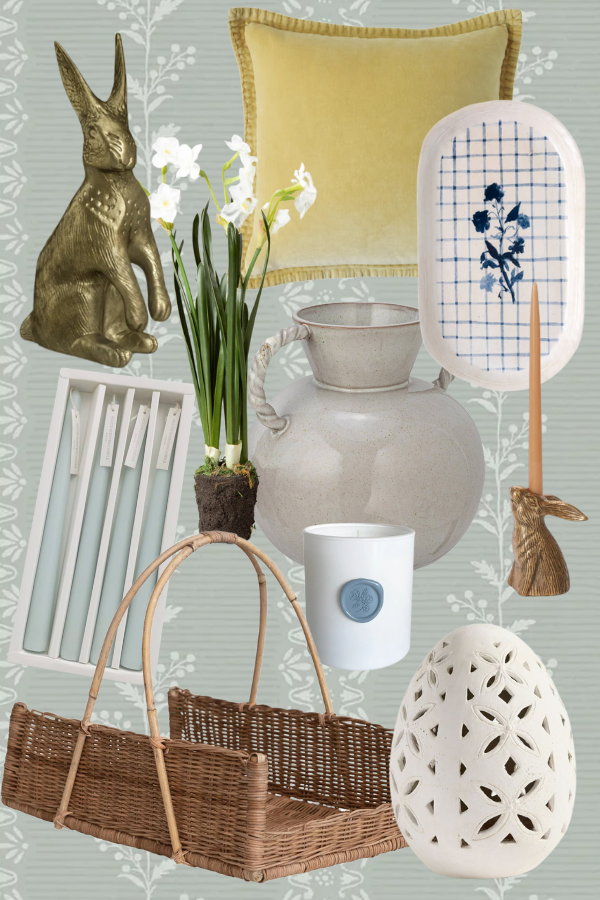 A curated collage of neutral spring decor perfect for a minimal Easter and spring modern decor. It features a brass bunny, a velvet fern pillow, a blue floral serving platter, pale blue taper candles, a faux paperweight drip-in plant, a stoneware vase with twisted handles, a small hare candle holder, a white candle with blue wax seal, a rattan flower and veggie basket, and a modern Easter egg, all set against a pale blue gray striped floral wallpaper background. This neutral spring decor inspiration works beautifully for organic Easter decor styling.