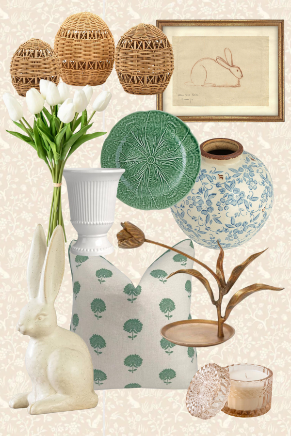 A curated collage of modern Easter decor with a neutral and organic aesthetic. Features include woven rattan eggs, a vintage bunny sketch in a gold frame, a ceramic Easter bunny, a green cabbage plate, a white urn vase with white tulips, a blue floral terracotta vase, a brass tulip strcture, a soft green botanical pillow, a ribbed glass candle with a decorative lid, all set against a warm beige floral wallpaper background. These chic, textural elements blend seamlessly with neutral spring decor and Easter home styling.