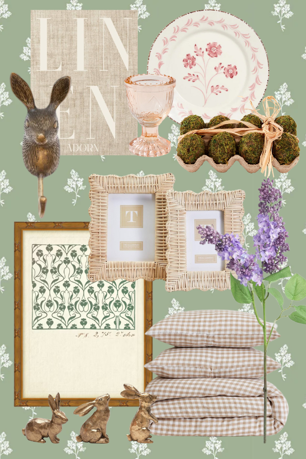 A collection of rustic and vintage-inspired Easter decor set against a muted green floral background, ideal for timeless Easter home decor. Items include a brass rabbit wall hook, a linen-covered book with “Linen” on the cover, pink floral dinnerware, a pink vintage egg cup, moss eggs in a carton tied with twine, woven rattan picture frames, a framed botanical print, soft linen gingham bedding, a bundle of faux lilac flowers, and small brass bunny figurines. This blend of traditional and modern Easter decor creates a warm, inviting spring home with organic textures and subtle pastel tones.