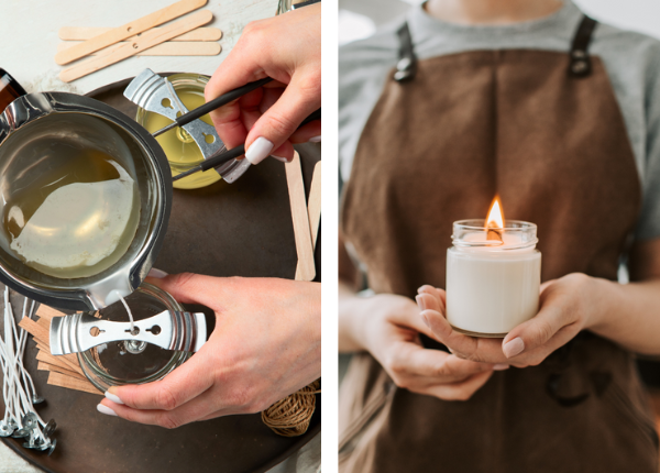 This wedding shower guest is doing a bridal shower crafts activity of making her own signature scented candle.