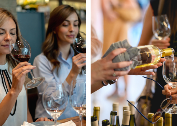 A picture of bridal shower inspo split into two. On the left are two women sniffing wine both women are about to enjoy a sip of red wine. On the right is a women pouring a bottle of white wine into a women's glass. 